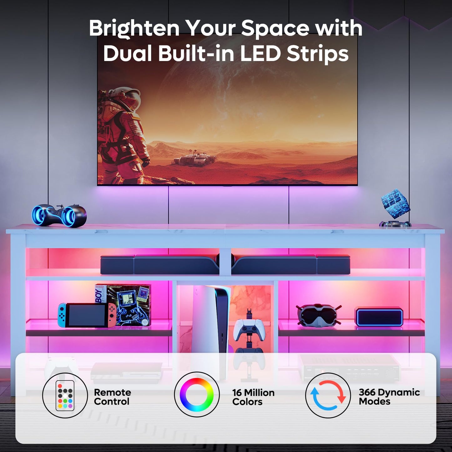 Bestier TV Stand for 70 inch TV, Tall Entertainment Center with 2 Led Lights, Gaming TV Console with Storage for PS5, Modern TV Cabinet for Bedroom