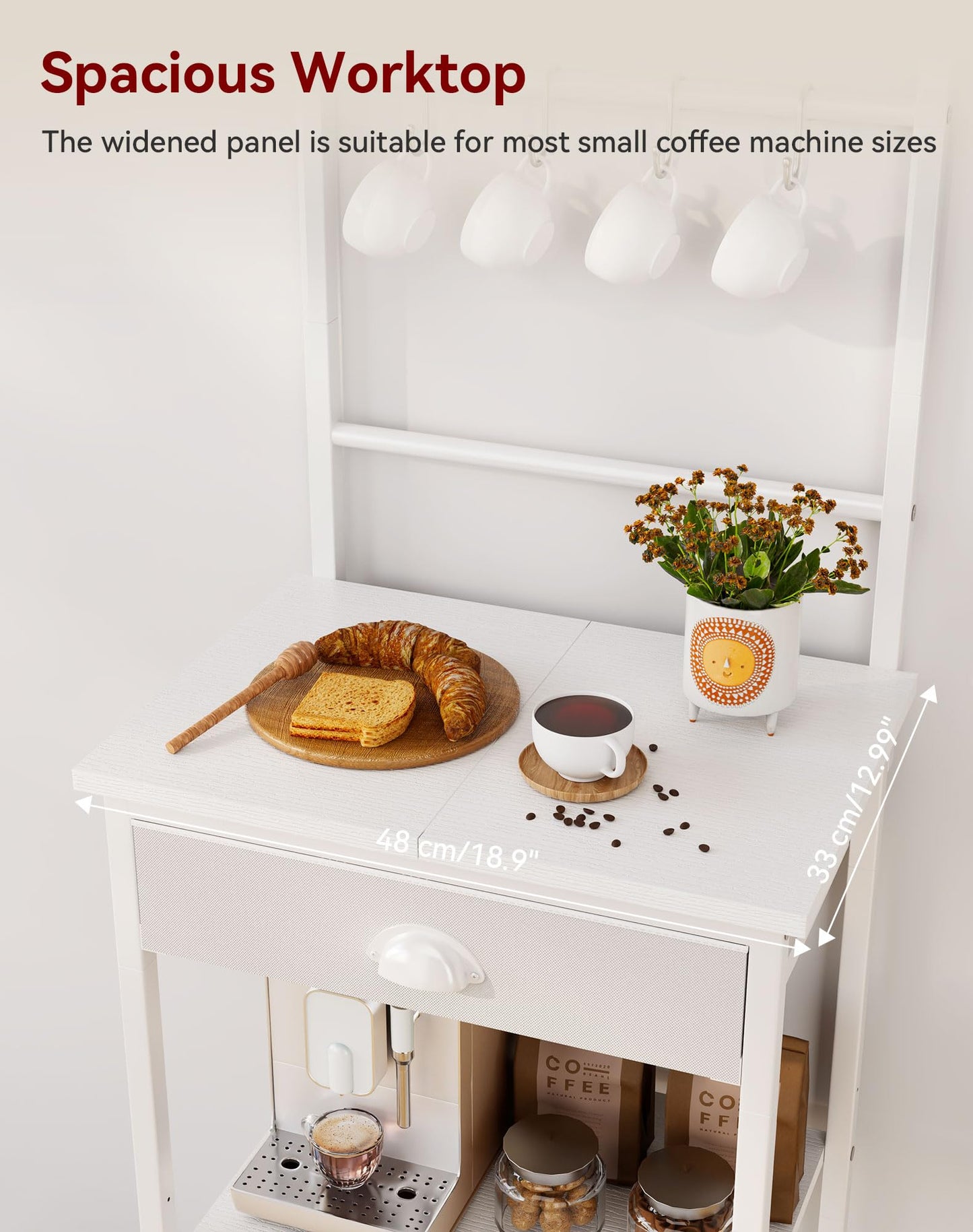 YMYNY 5 Tier Coffee Bar Station, Coffee Stand with Fabric Drawers, 8 S-Shaped Hooks, Corner Bar Cabinet, Height Adjustable, Bakers Rack for Kitchen