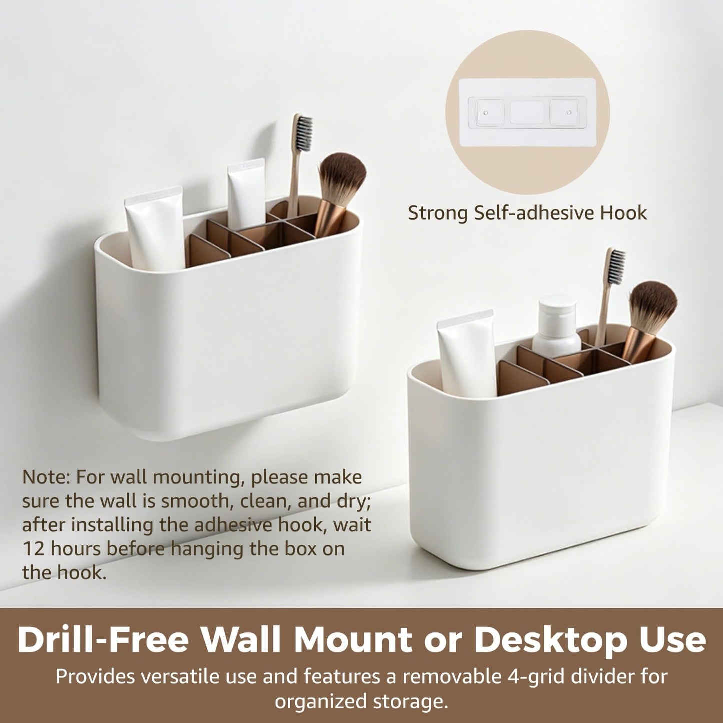 Wall Mounted Toothbrush Holder, Multifunctional Bathroom Storage Organizer Box with Removable Divider, No Drill Installation for Cosmetics