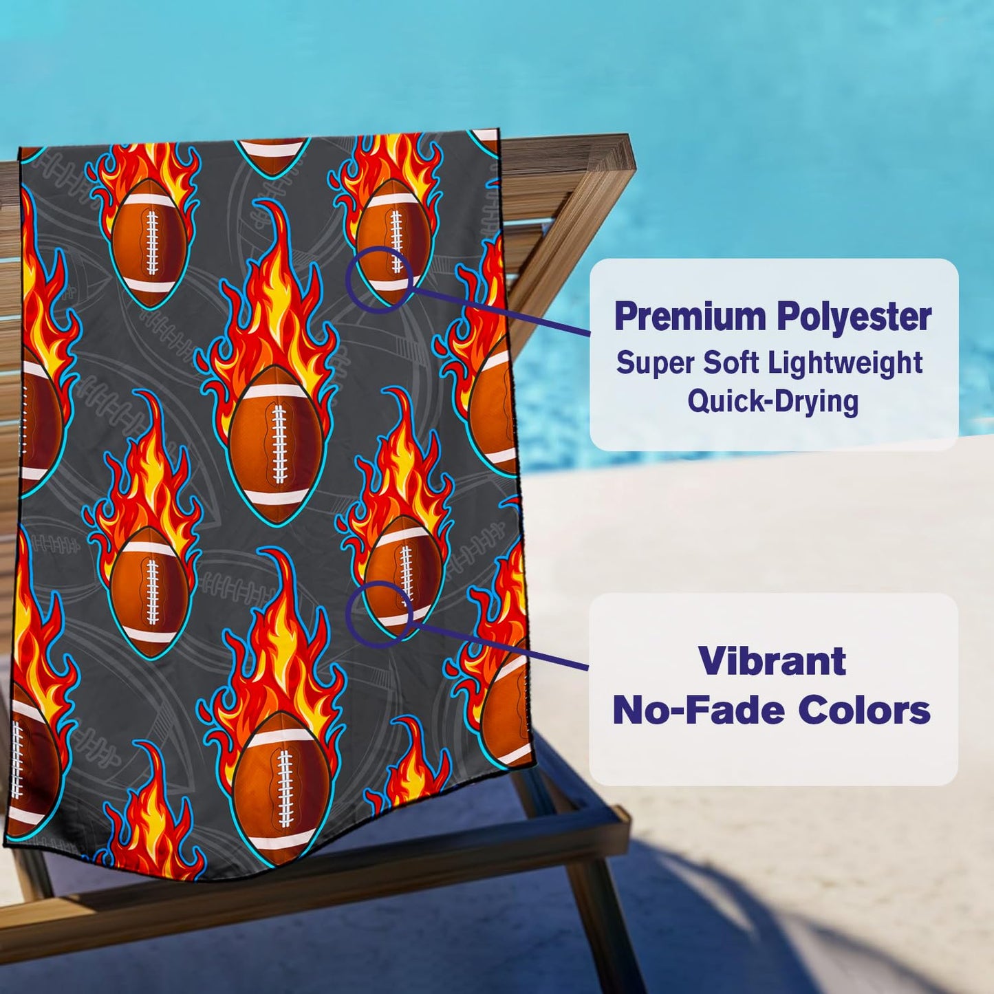 Violetpos Flaming American Football Beach Towel, Extra Large 180x90 cm 250GSM Microfibre, Sand Free Quick Dry