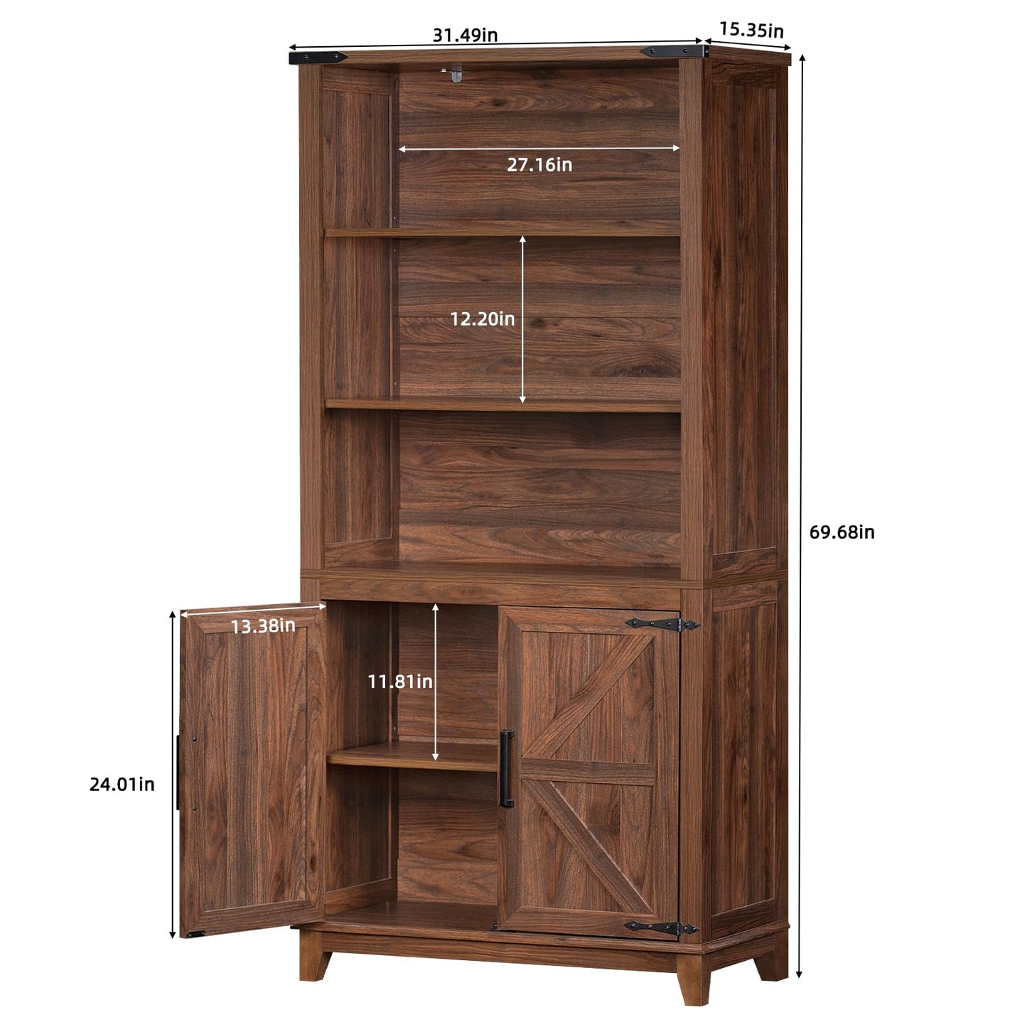 LELELINKY 70in Tall Bookshelf 5 Tier Bookcase with Barn Doors and Adjustable Shelves, Brown Farmhouse Book Shelf with Storage Cabinet