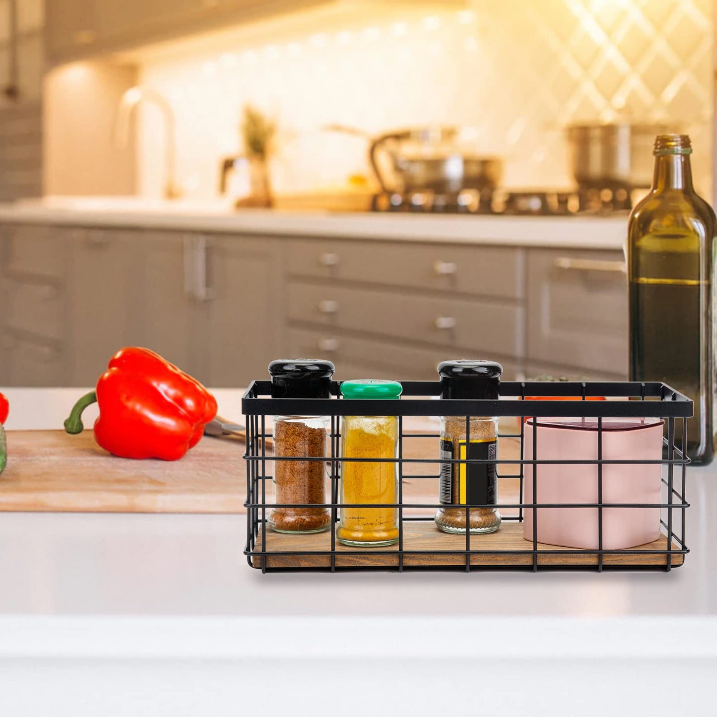 TIEYIPIN Farmhouse Decor Metal Wire Storage Baskets, Wood Base Containers Organizing Basket Caddy Bin for Kitchen Cabinets, Bathroom, Pantry, Garage