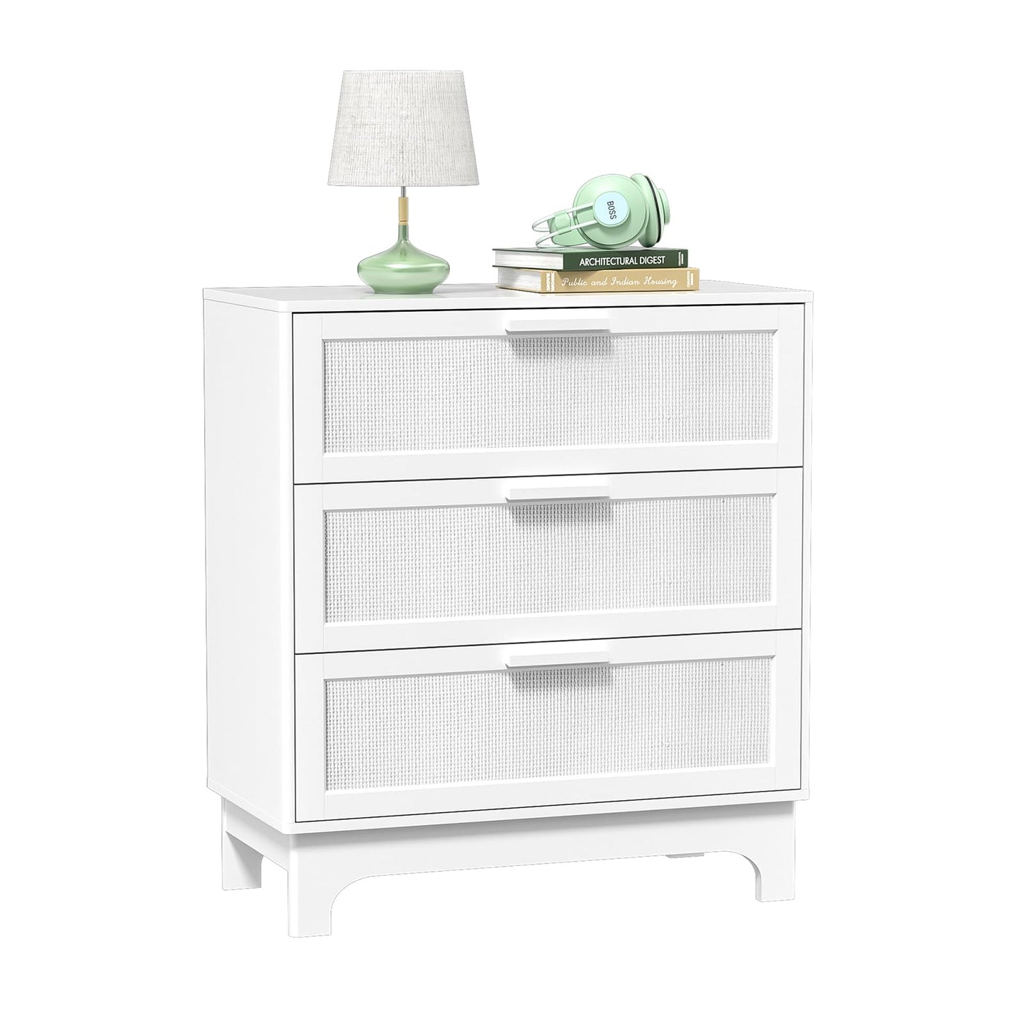 Skokliz White Chest of Drawers for Bedroom, Rattan 3 Drawer Storage Organiser Unit with Spacious Storage Cabinet, Nursery Furniture, Living Room