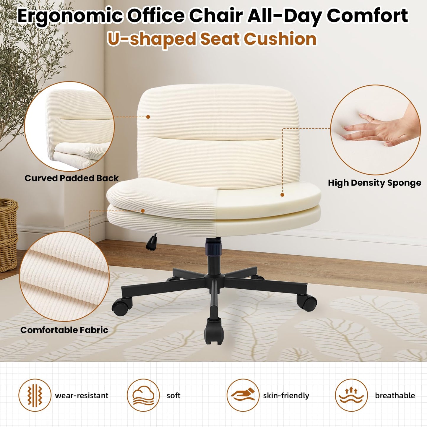 Durrafy Cross Legged Office Chair, Criss Cross Chair with Wheels, Armless Wide Seat Desk Chair, Double Layer Cushion