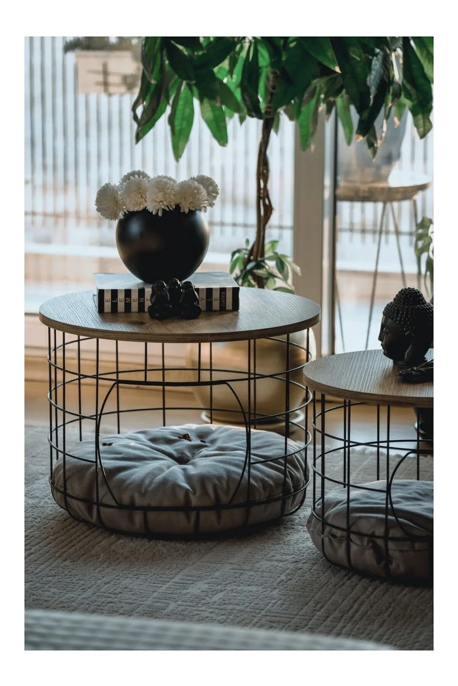 FUNTLY Coffee Table with Cat House, Modern 2-in-1 Side Table for Living Room, Hidden Pet Bed, Rustic Wood and Black Metal