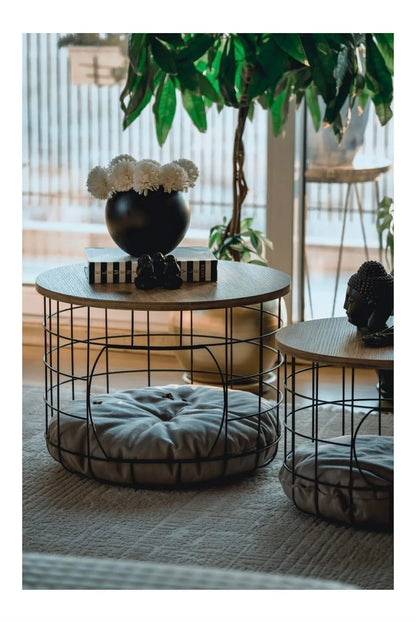 FUNTLY Coffee Table with Cat House, Modern 2-in-1 Side Table for Living Room, Hidden Pet Bed, Rustic Wood and Black Metal