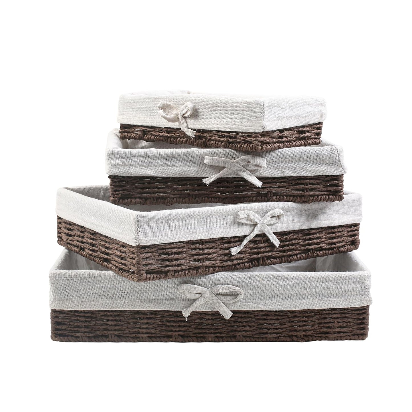 YedZen Set of 4 Natural Paper Rope Storage Baskets with Removable Lining and Metal Frame, Woven Hamper Wicker Baskets for Bathroom Shelves, Desk