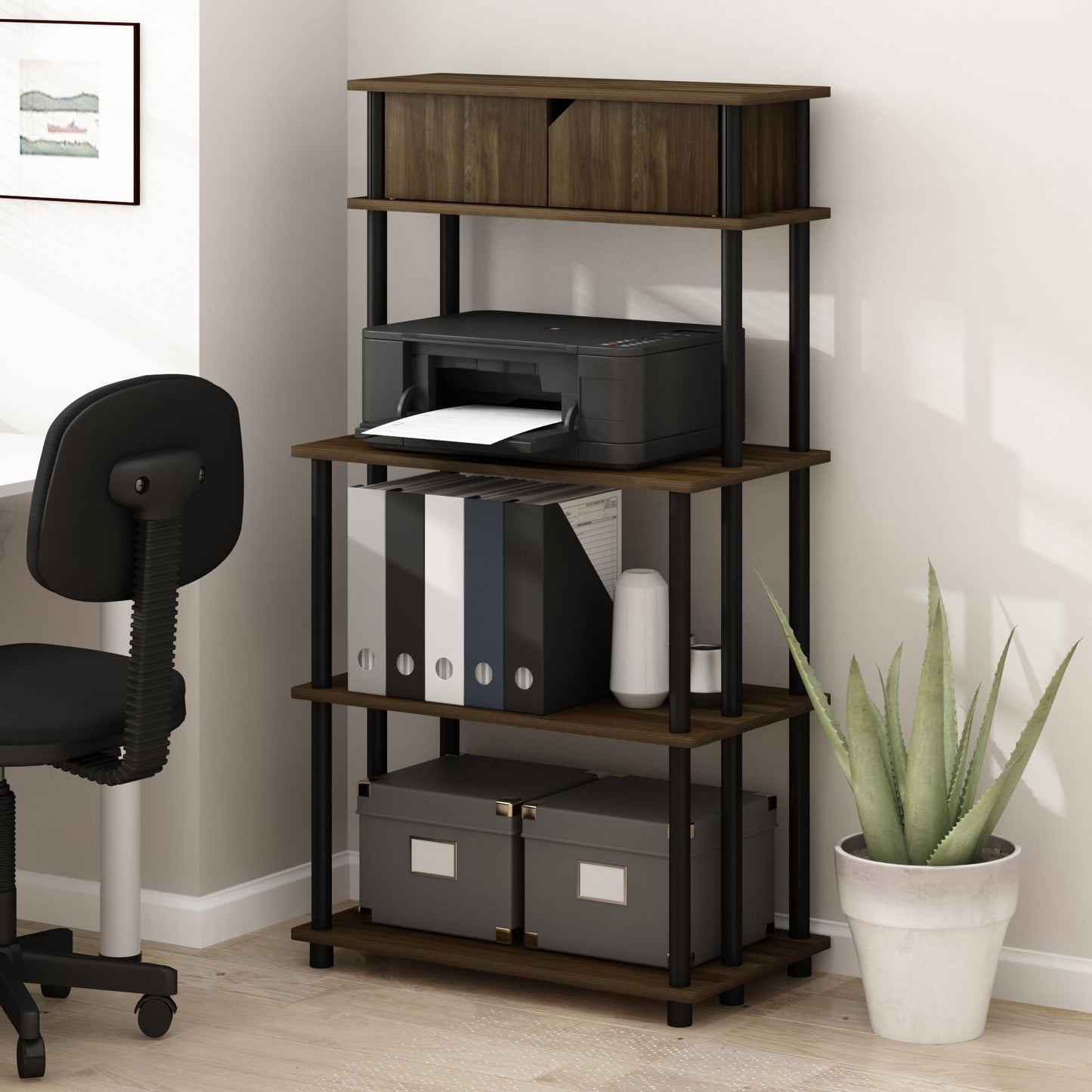 Furinno TURN-N-TUBE Printer Stand with Storage, 5-Tier Large Printer Stand, Printer Table with Top Cabinet, for CPU, Office Supplies, Brown Walnut