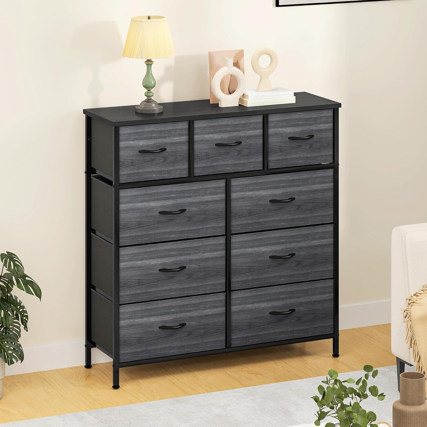 DWVO Chest of Drawers,Fabric Chest of Drawers Bedroom Cabinet with 9 Drawers,Dresser for Bedroom,Living Room With Handles,Wood Top and Sturdy Steel