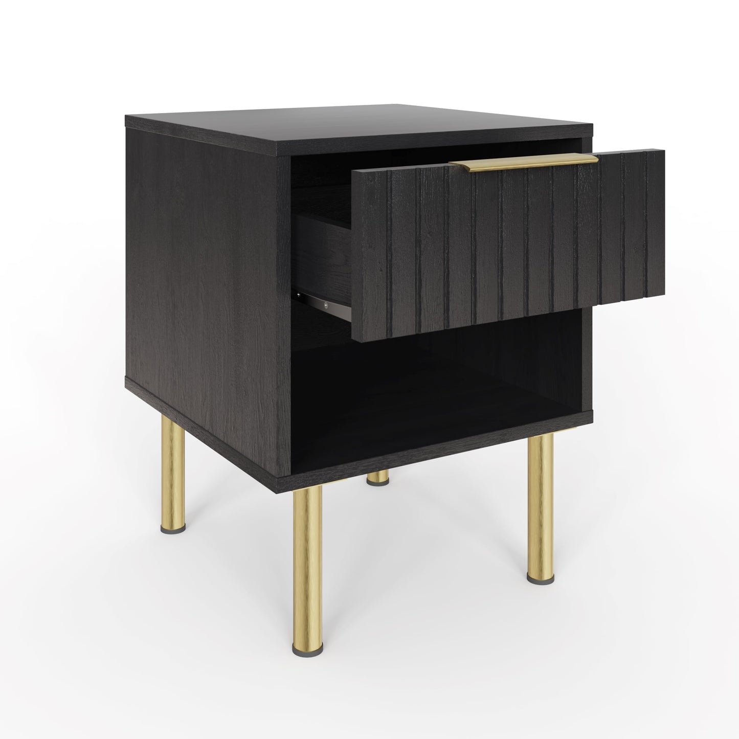 GFW Nervata Lamp Table, Black Side Table with Drawer Storage, Art Deco Style End Table with Gold Accents and Wood Grain Texture for Living Room and
