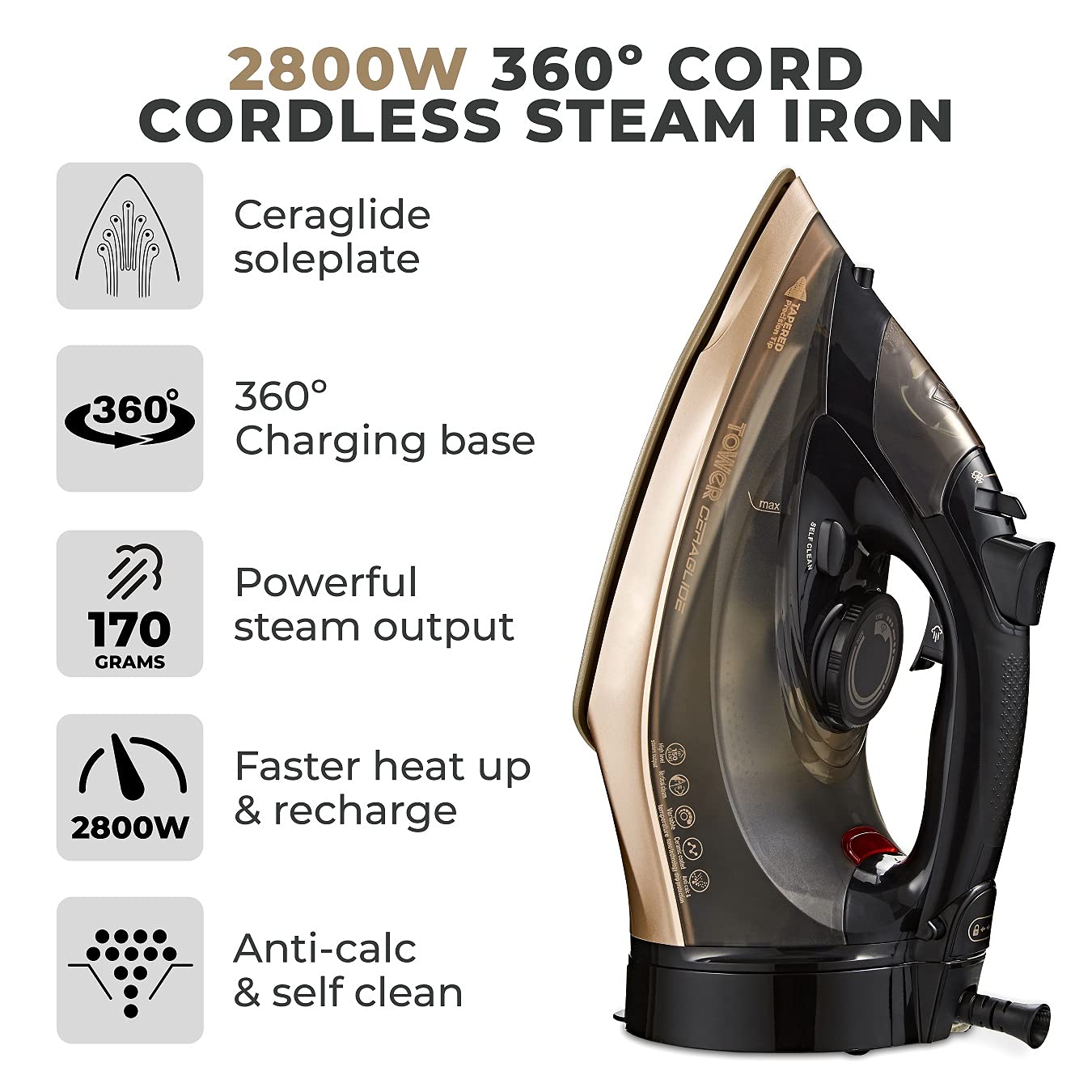Tower T22022GLD Ceraglide 360 Cord Cordless Steam Iron with Rapid Heat-Up and Recharge, 2800W, Black and Gold