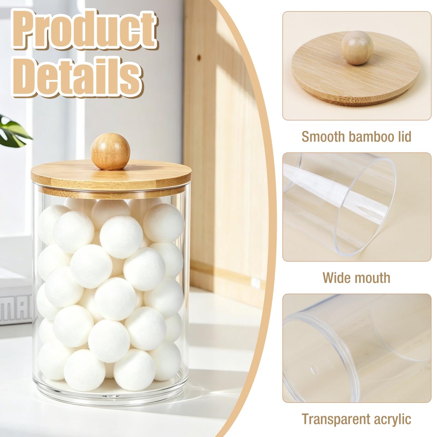 Yuaerbuo 4Pcs Cotton Bud Holder with Bamboo Lid, Cotton Swab/Ball/Pad Holder Dressing Table Accessories Compatible with Qtips Cottons Buds Organiser