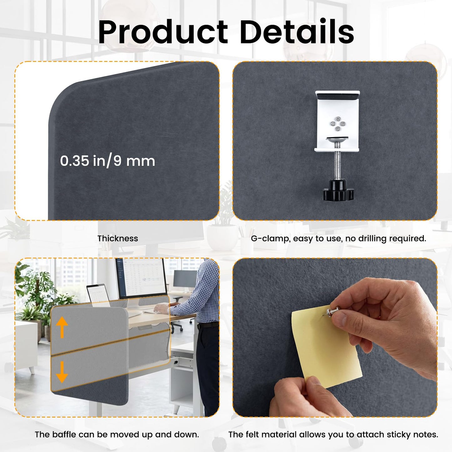 2-Pack Felt Desk Dividers, Clamp-On Privacy Panels, 60 x 60 cm, Dark Grey