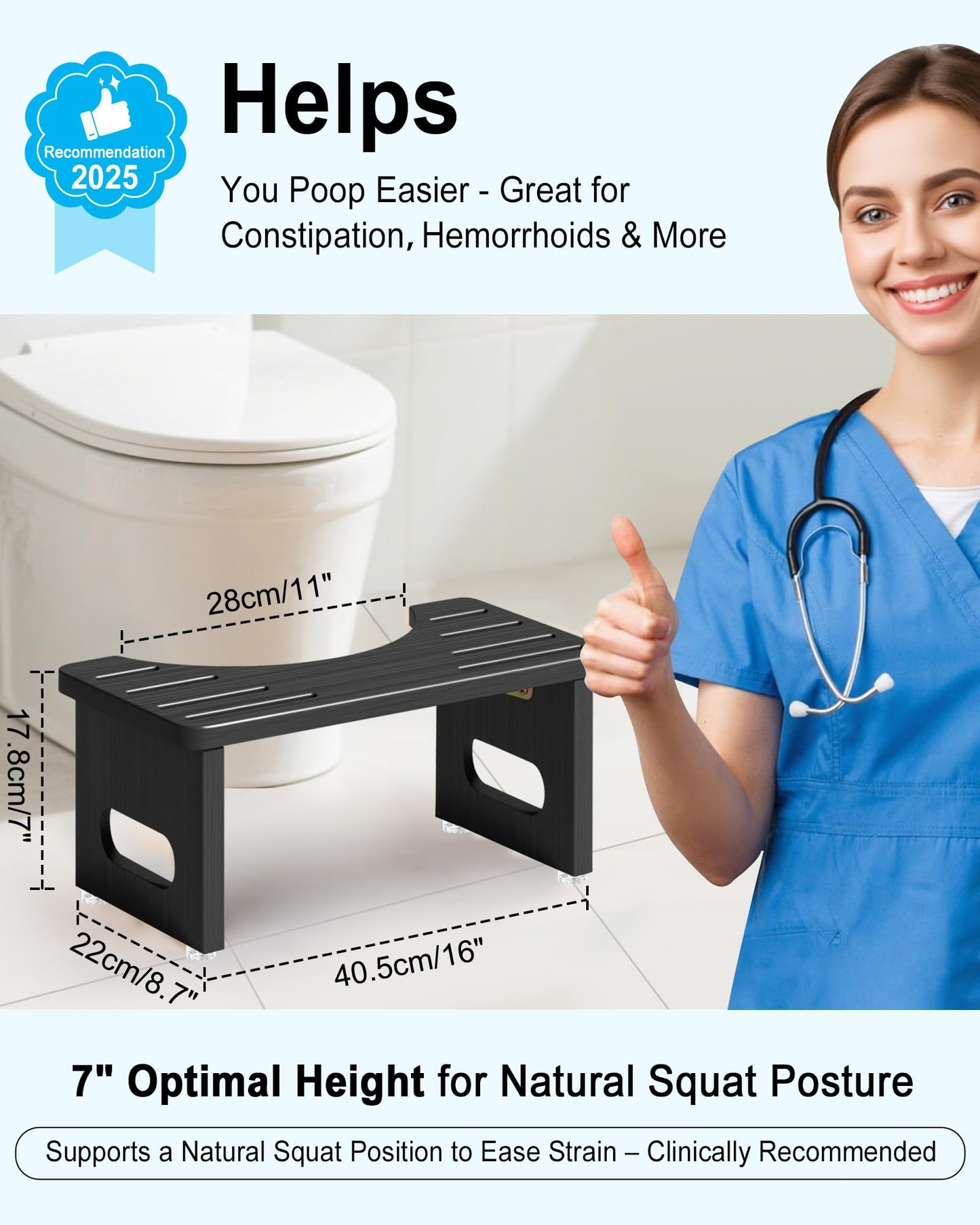 Foldable Toilet Stools, 17.8 CM Wooden Toilet Stool with Anti-Slip Feet, Space Saving, 35° Durable C Shaped Stool (Black)