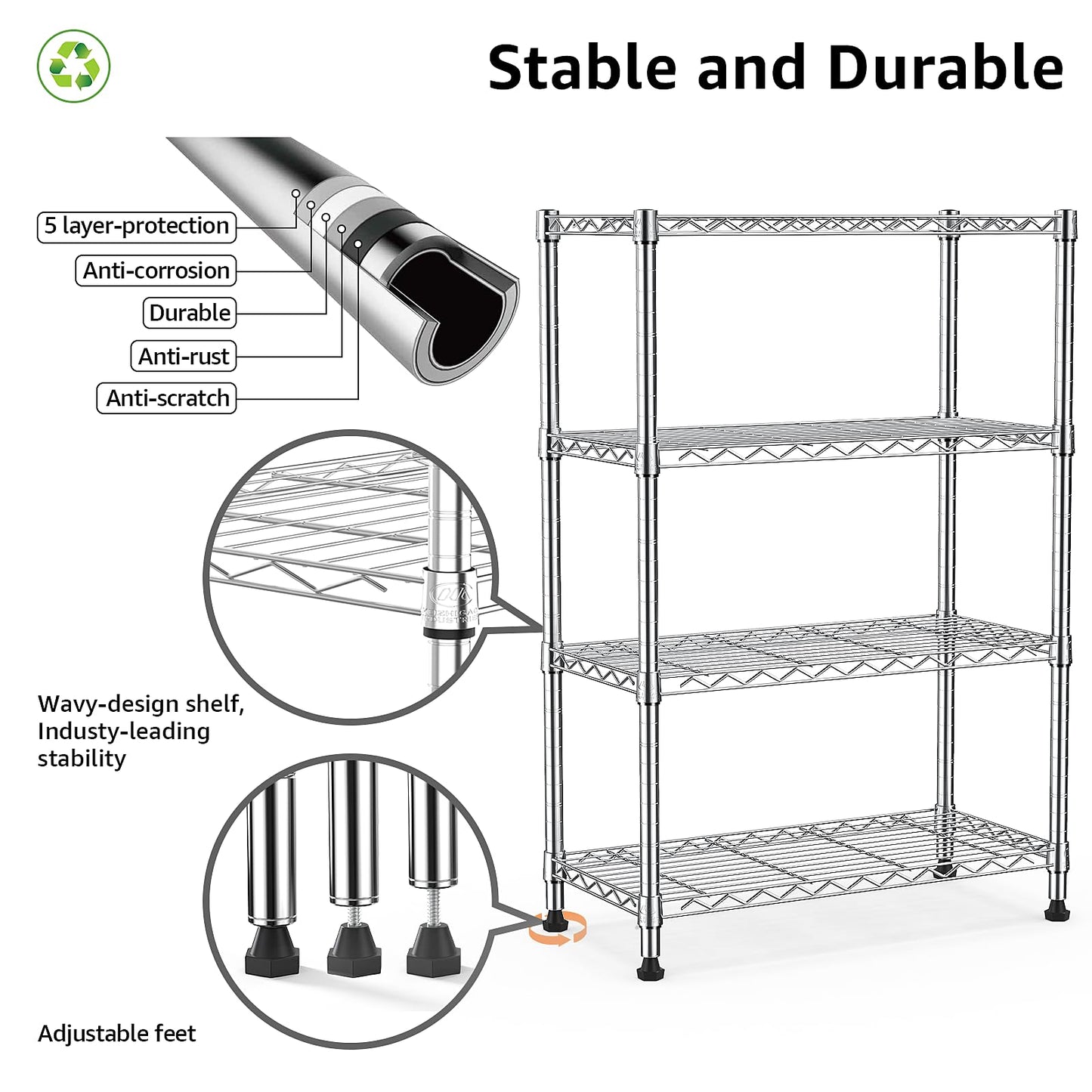 M MZG Height Adjustable Shelves,Heavy Duty Wire Pantry Shelving for Tool Sheds, Garage, and Storehouse,Metal,Chrome 4 tier,35 x 60 x 135.8 cm