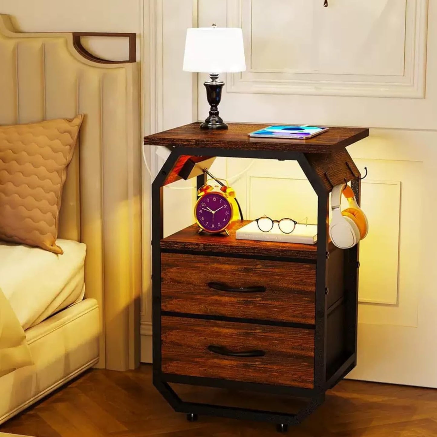 YULEYU Bedside Table with Charging Station & LED Light, Nightstand Side Tables with 2 Fabric Storage Drawers, Bedside Cabinet/Sofa End Table with USB