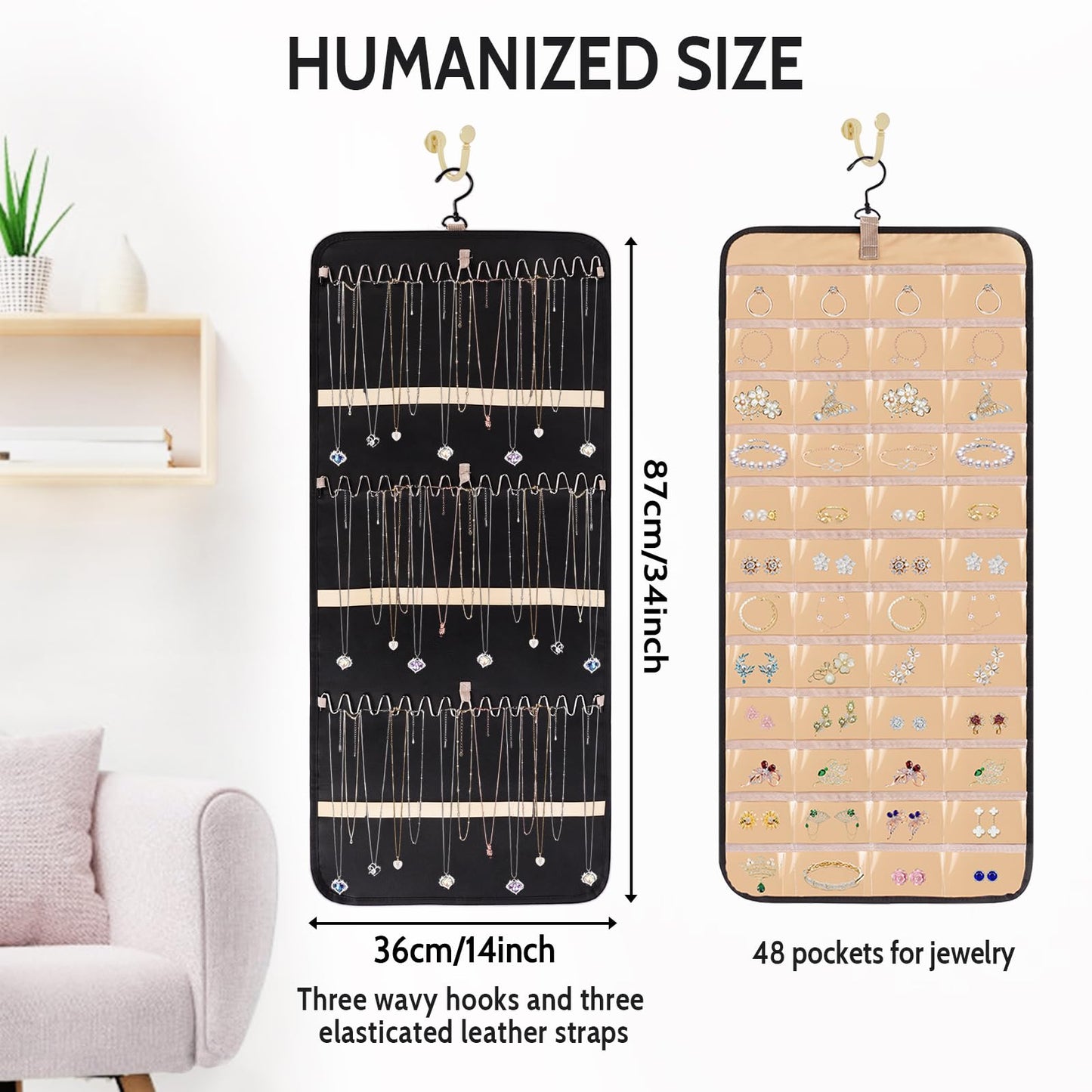 Minicoco 1Pcs Dual-sided Jewelry Organizer Hanging with Metal Hooks,Hanging Jewelry Organizer 48 Pockets and 3 Wave-Shaped Hooks,Jewelry Roll for