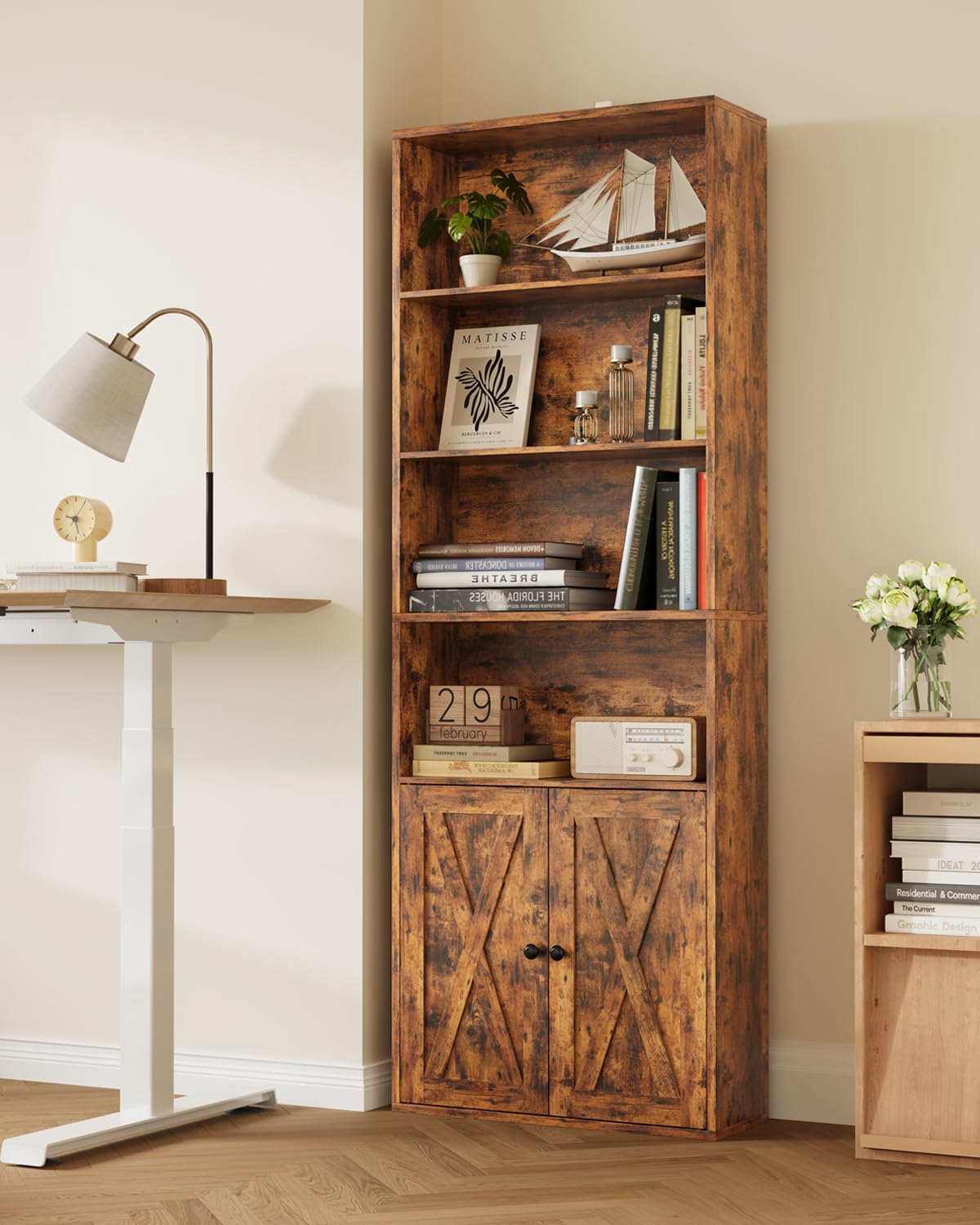 IRONCK Bookcase 6-Tier, Bookshelf with Doors, 180cm Tall Living Room Bookcases, Display Shelf Storage, Freestanding Book Shelf Unit for Home Office