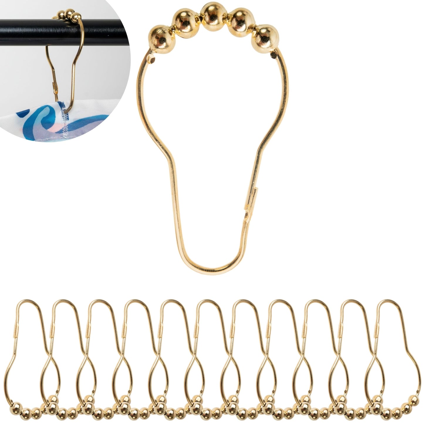 Shower Curtain Rings, 12 Pack, in Gold-Colour, Inner Diameter 2.7 x 1.5", for Shower Curtain Rods, sturdy metal shower rings, with Rolls to slide