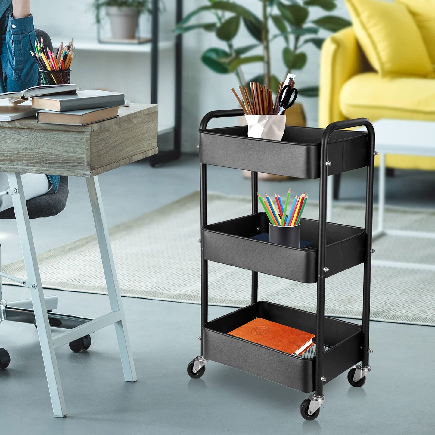 3-Tier Metal Storage Organizer Rolling Utility Trolley Cart - Home Kitchen Bathroom Bedroom Office Classroom Laundry Cleaning Supplies Bar Craft