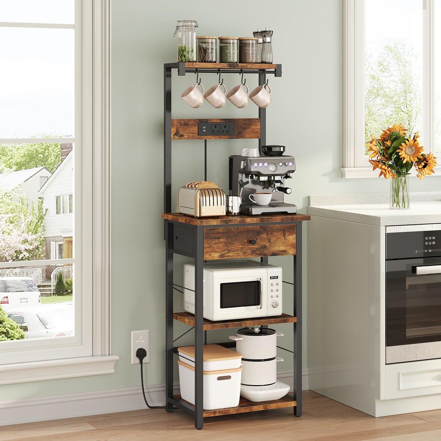 MAHANCRIS Bakers Rack, Microwave Stand, Coffee Bar Station, Kitchen Storage Shelf Rack with Drawer and Power Strip, 4 Hooks, for Kitchen, Living Room