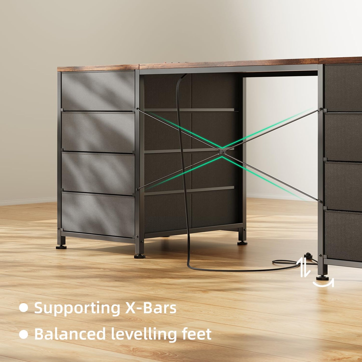 MUTUN 120cm Computer Desk with 8 Drawers, Home Office Desk with Power Outlets, Modern Table with Large Storage for Writing, Study, Rustic Brown