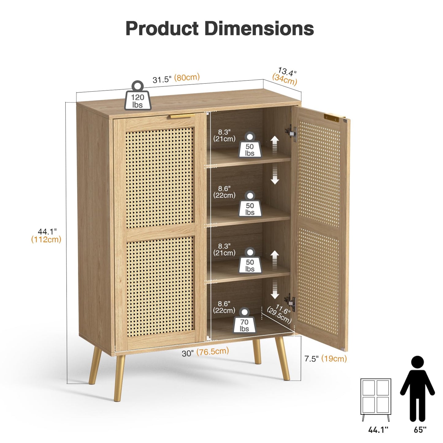 Yvsevnr Rattan Tall Sideboard for Living Room, Hallway Storage Cabinet with 3 Adjustable Shelf