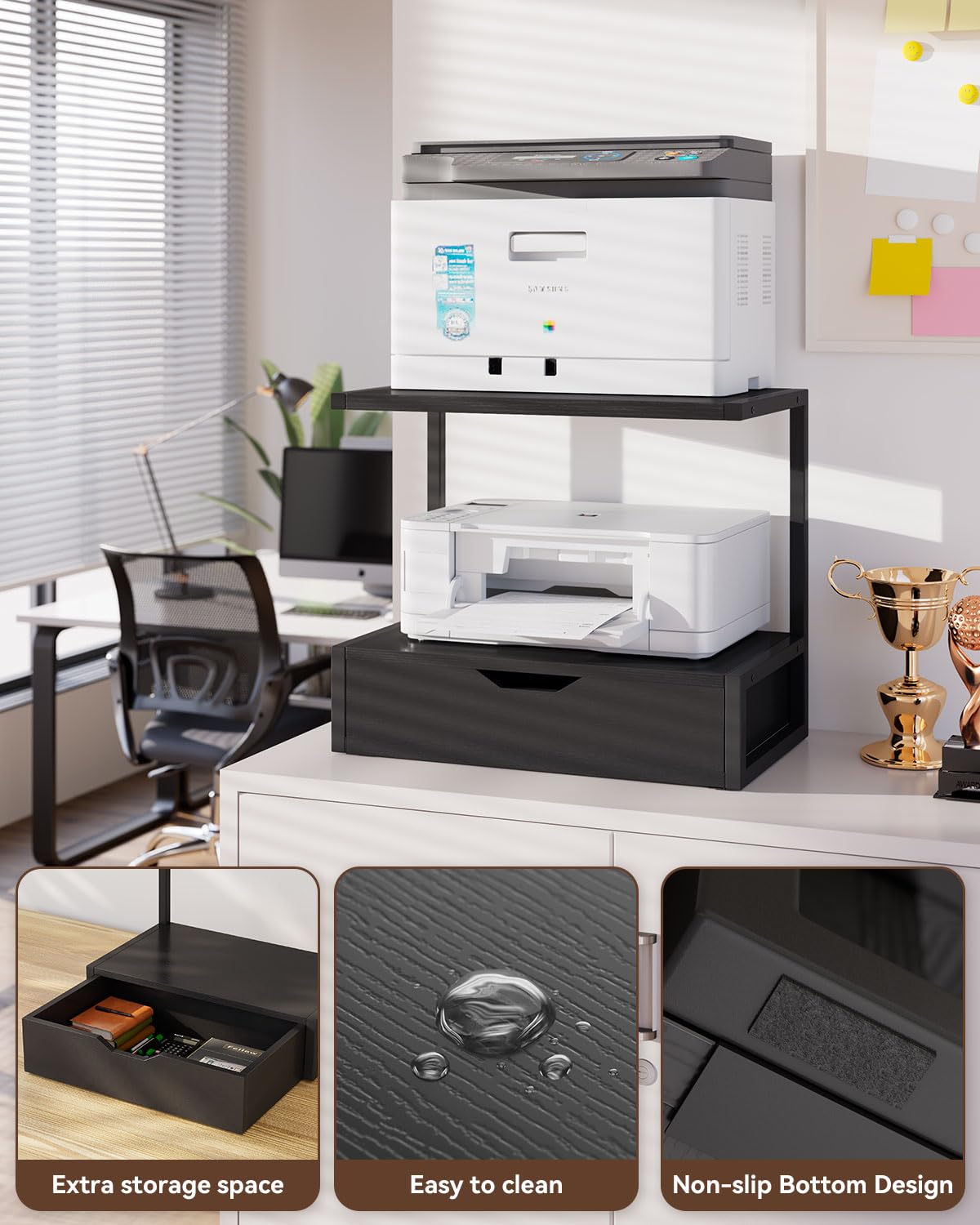 IBUYKE 2 Tier Desktop Printer Stand,Printer Table with Storage Shelf,Multi-Purpose Desk Organizer for Folders,Books,for Fax Machine