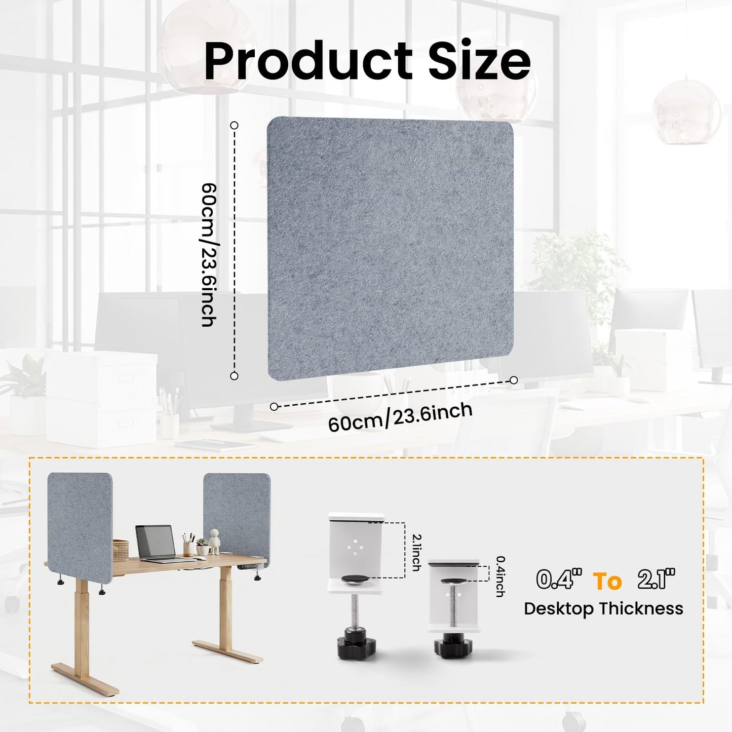 Felt Desk Divider, Clamp-On Privacy Panel, 60 x 60 cm, Light Grey