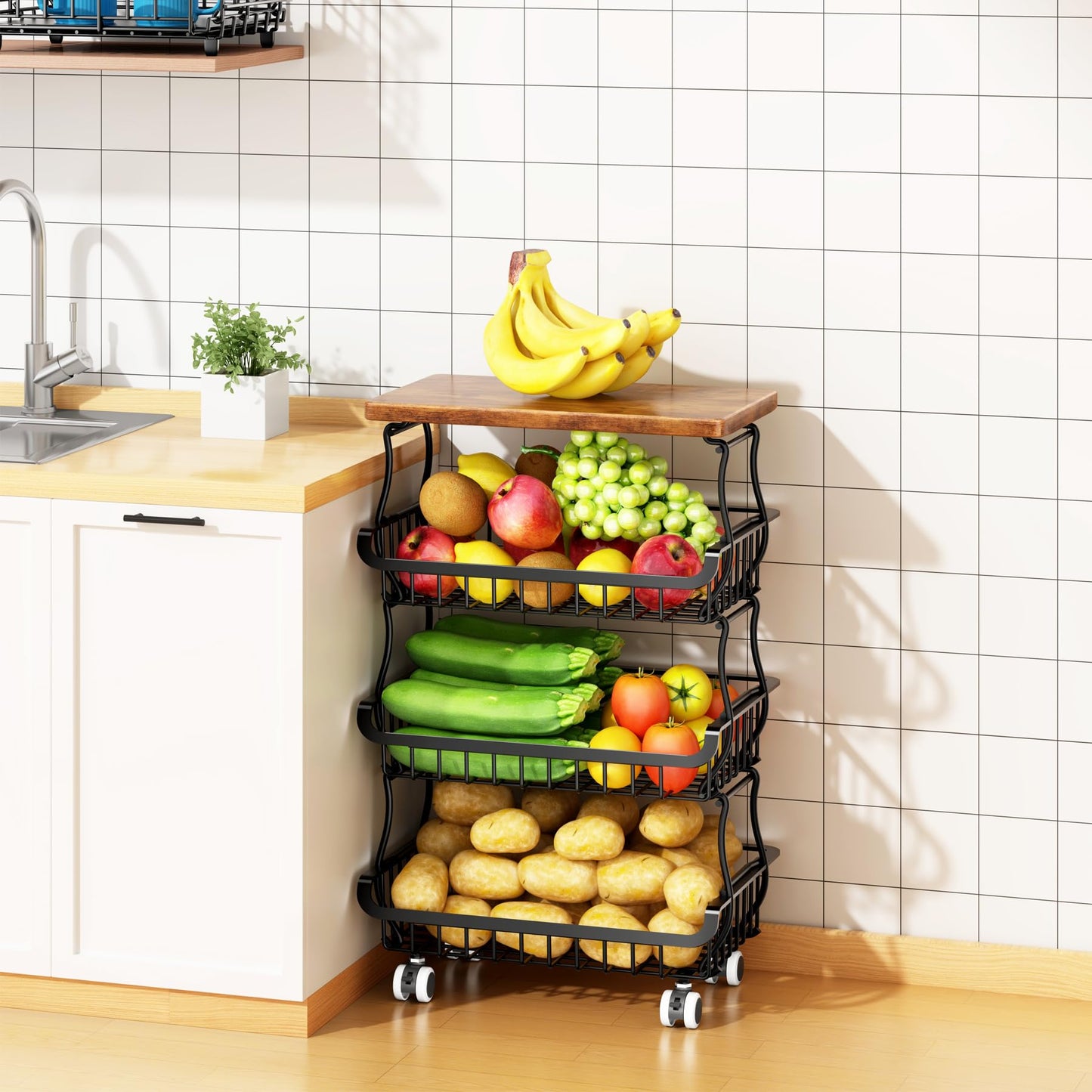 4 Tier Pantry Organisers and Storage Cart with Rolling Wheels, Stackable Metal Baskets for Pantry Shelves