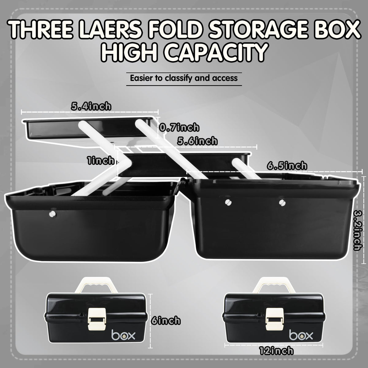 Creahaus 12in 3 Layer Multipurpose Storage Box/Craft Storage Boxes With Compartments/Plastic Black Tool Box/Medicine Storage Box/Hair Accessories