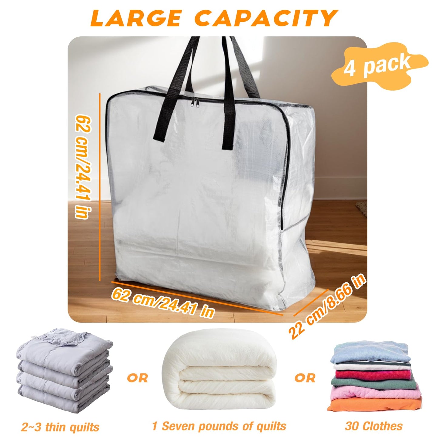 80L Clothes Storage Bags, 4 Pack Large Clear Capacity Clothes Organizer with Zips, Moisture proof