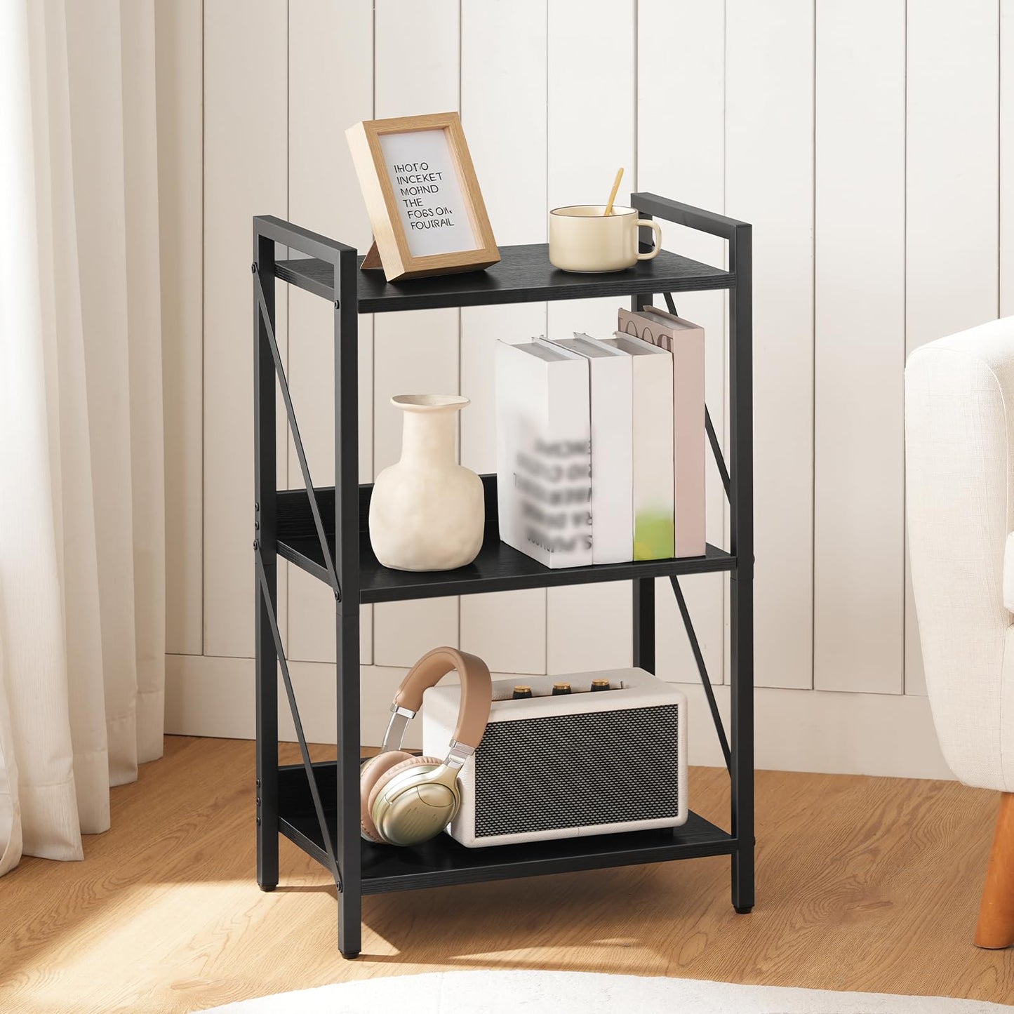 HOOBRO 3-Tier Bookshelf, Industrial Corner Bookcase, Display Rack, Metal Frame, for Living Room, Bedroom, Office, Kitchen, Entryway, Black EBB71SJ01