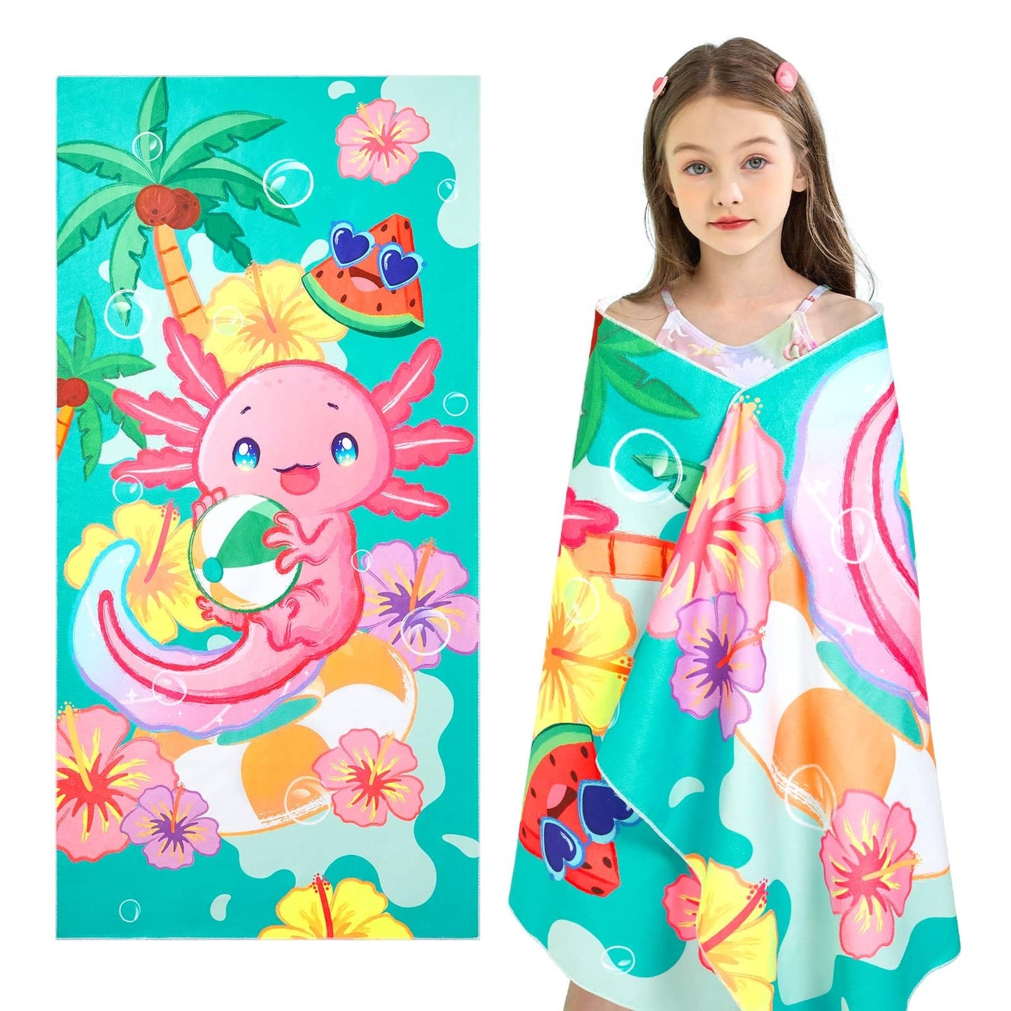 WERNNSAI Axolotl Microfibre Beach Towel for Kids, 76 x 150cm Bath Towel