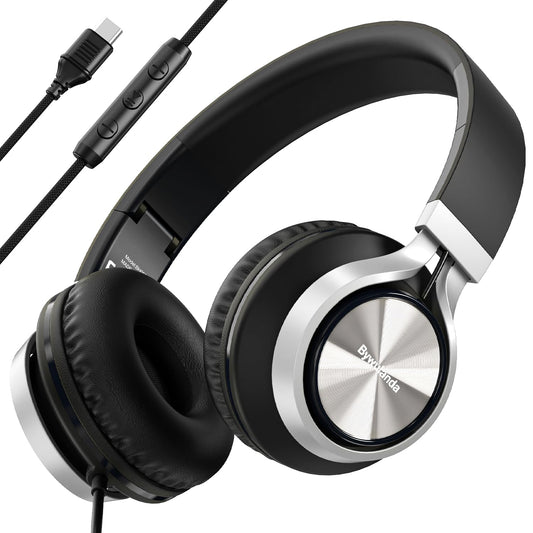 Bywulanda USB C Headphones with Mic and Volume Control, Over Ear Stereo Headsets for iPhone 15 16 Pro, Wired Foldable Headphones for Smartphones