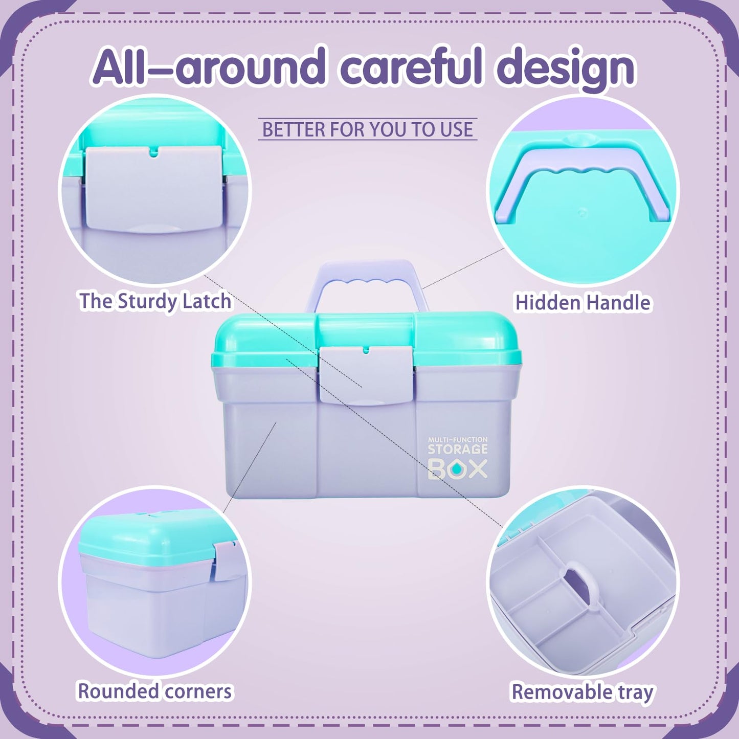 Creahaus 11in Multipurpose Storage Box with Removable Tray, Plastic Small Storage Box with Handle, Portable Art Craft Organizer Case for Sewing
