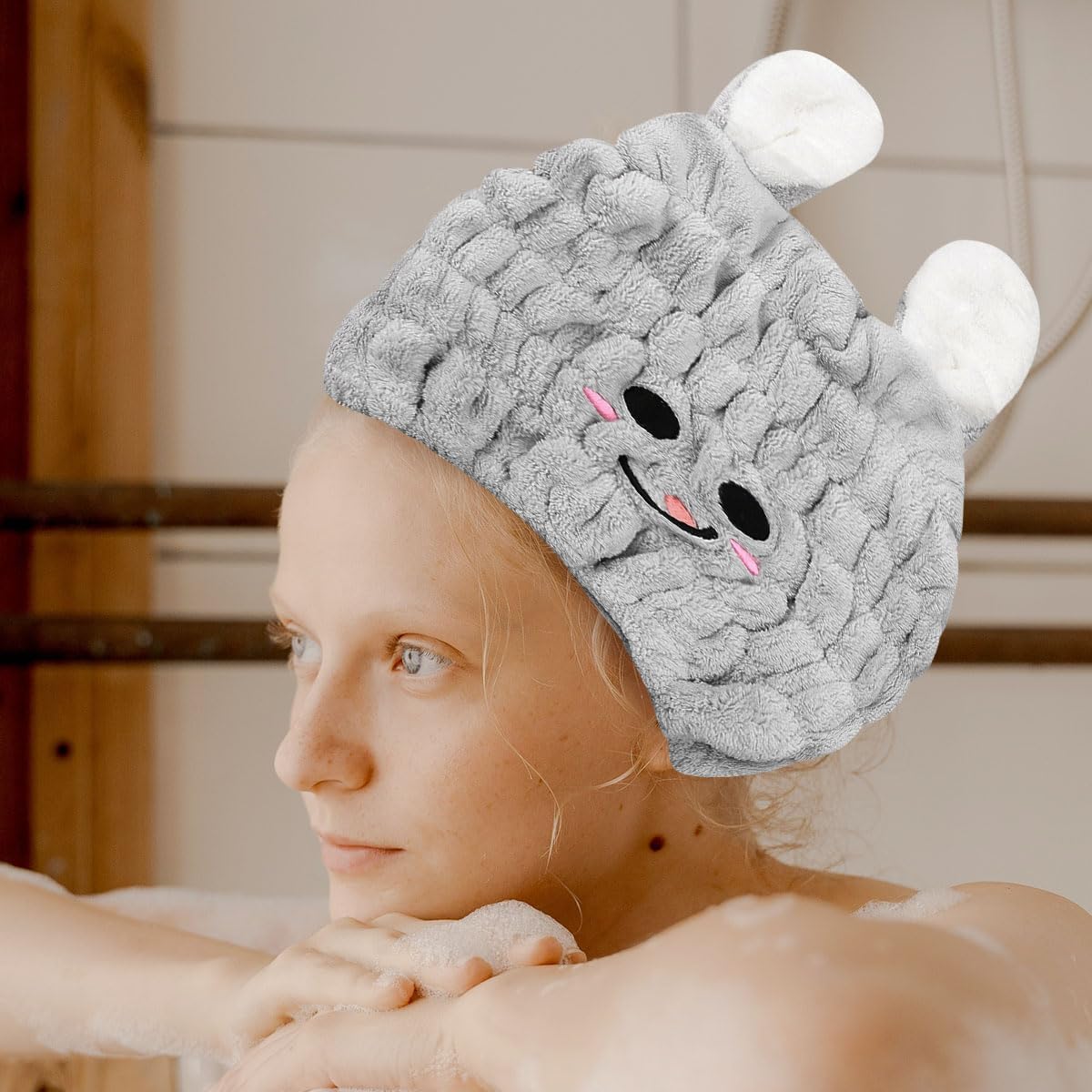 Jagowa Hair Dry Hat Wrap Towel Cute Cartoon Ear Fleece Quick Drying Bath Cap Hair Turban Cap for Women Adults or Kids Girls(Pink, White, Grey)