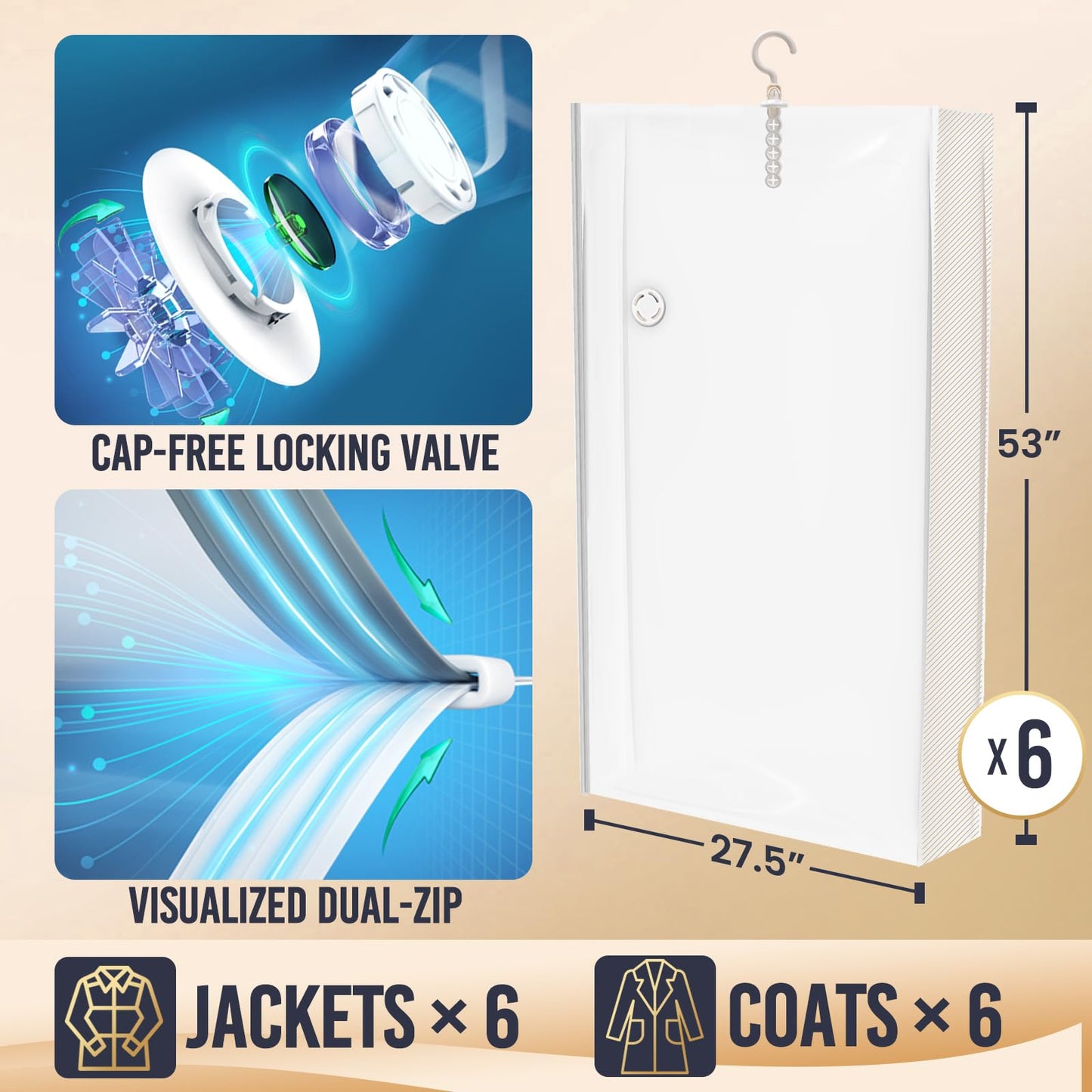 TAILI Hanging Vacuum Storage Bags for Clothes, 6 Packs Long 135x70x20x20cm, Vacuum Storage Bags for Suits, Coats, Jackets or Dresses, Save 80% Space