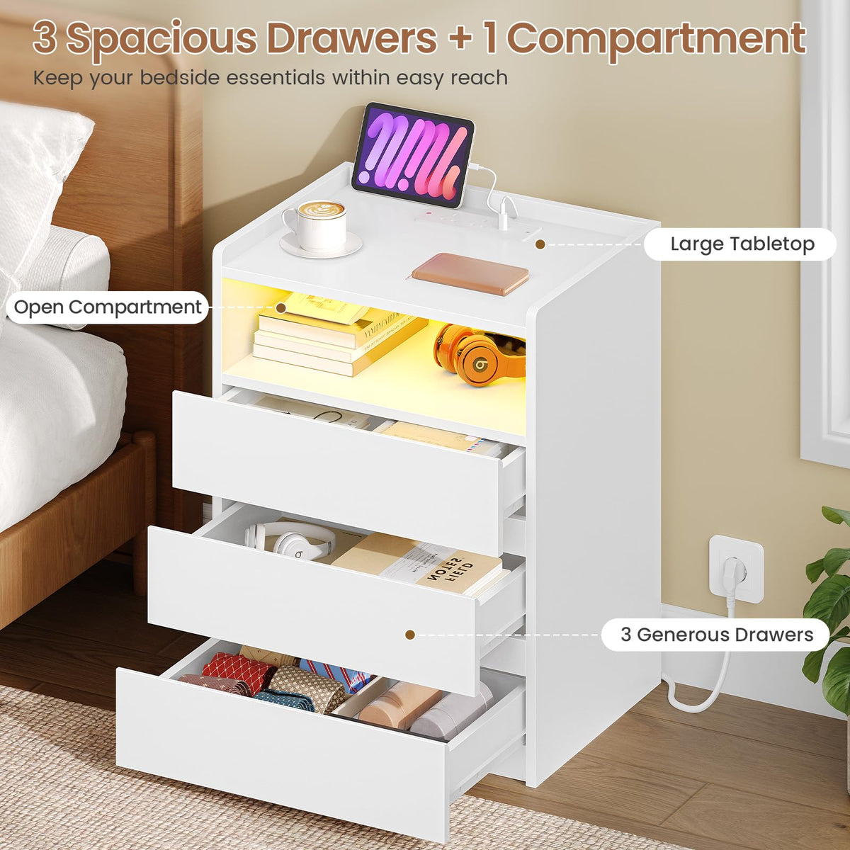 AOGLLATI Bedside Cabinet with LED Lights Bedside Table with Charging Station|3 Drawers and 1 Compartment |2 AC and 2 USB Ports Side Table for Living