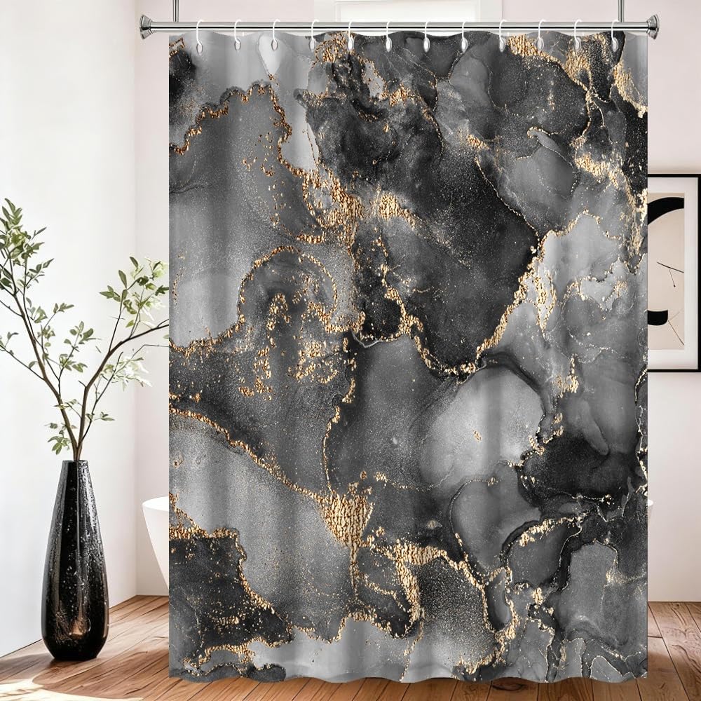 Xiaoterna Marble Fabric Shower Curtain Abstract Black Gold Grey Marble Textured Waterproof Bathroom Curtain Modern Luxury Elegant Mildew Resistant