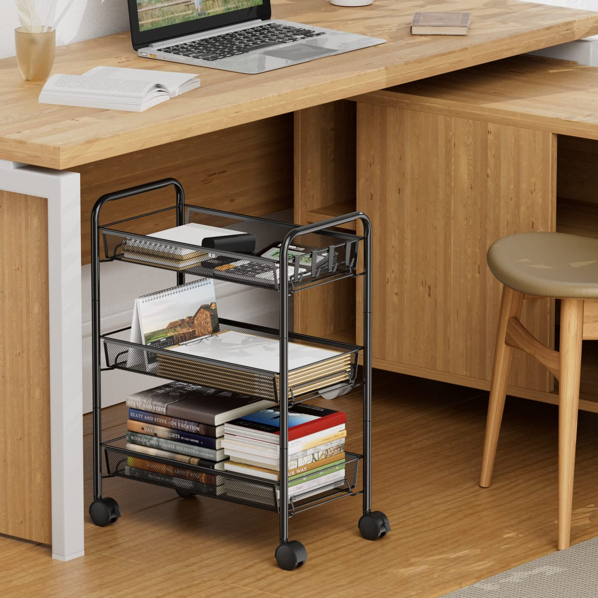 OVICAR Kitchen Trolley:Rolling Utility Cart Basket Stand for Kitchen & Bathroom, Full Metal Storage Art Trolley Carts with Wheels & 4 Side Hooks