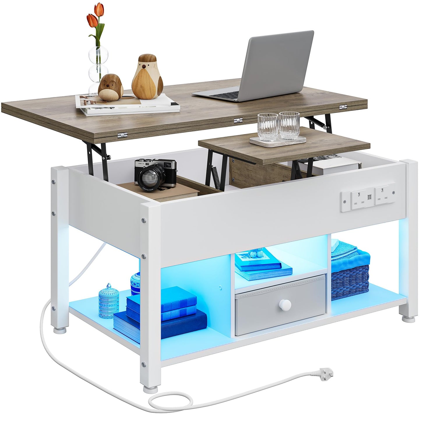 YITAHOME Folding Lift Top Coffee Table with Drawer, 4-in-1 Convertible Table with Storage Space and Type-G Outlets