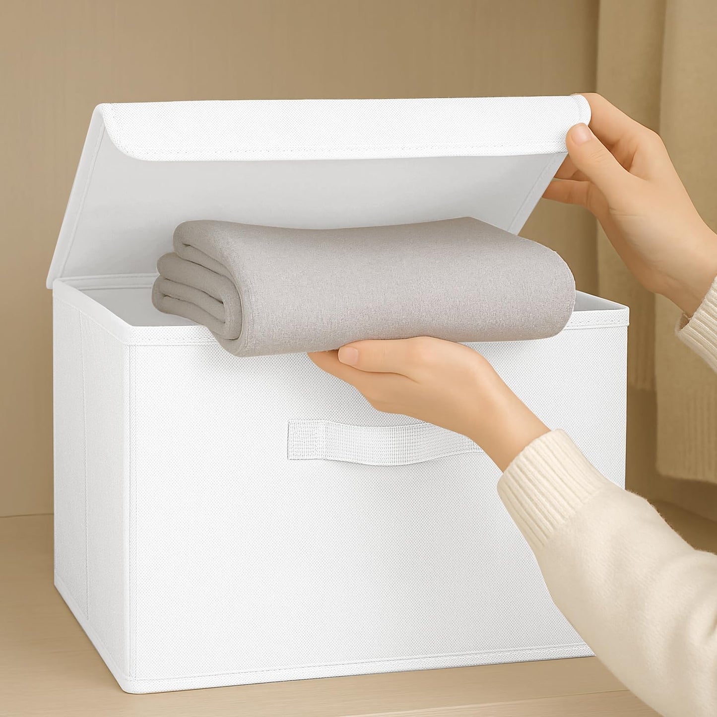 Homsorout Foldable Storage Boxes with Lids - Wardrobe Organiser Bin with Handle Fabric Basket Containers for Clothes, Book, Shelf, Office