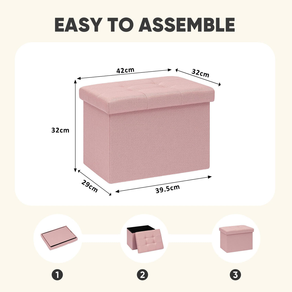 PINPLUS Tufted Linen Storage Ottoman Box, Foldable Footstool, Pink