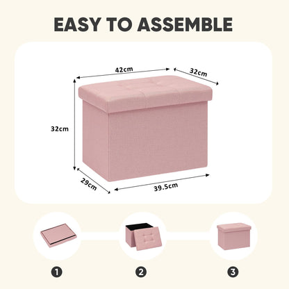 PINPLUS Tufted Linen Storage Ottoman Box, Foldable Footstool, Pink