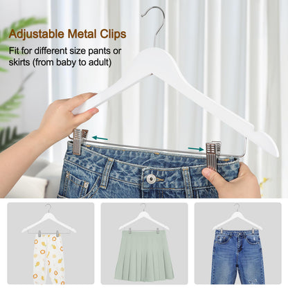 TOPIA HANGER Wooden Suit Hangers with Adjustable Metal Clips 10 Pack, Solid Smooth Wood Clothes Hangers, 360° Swivel Hook