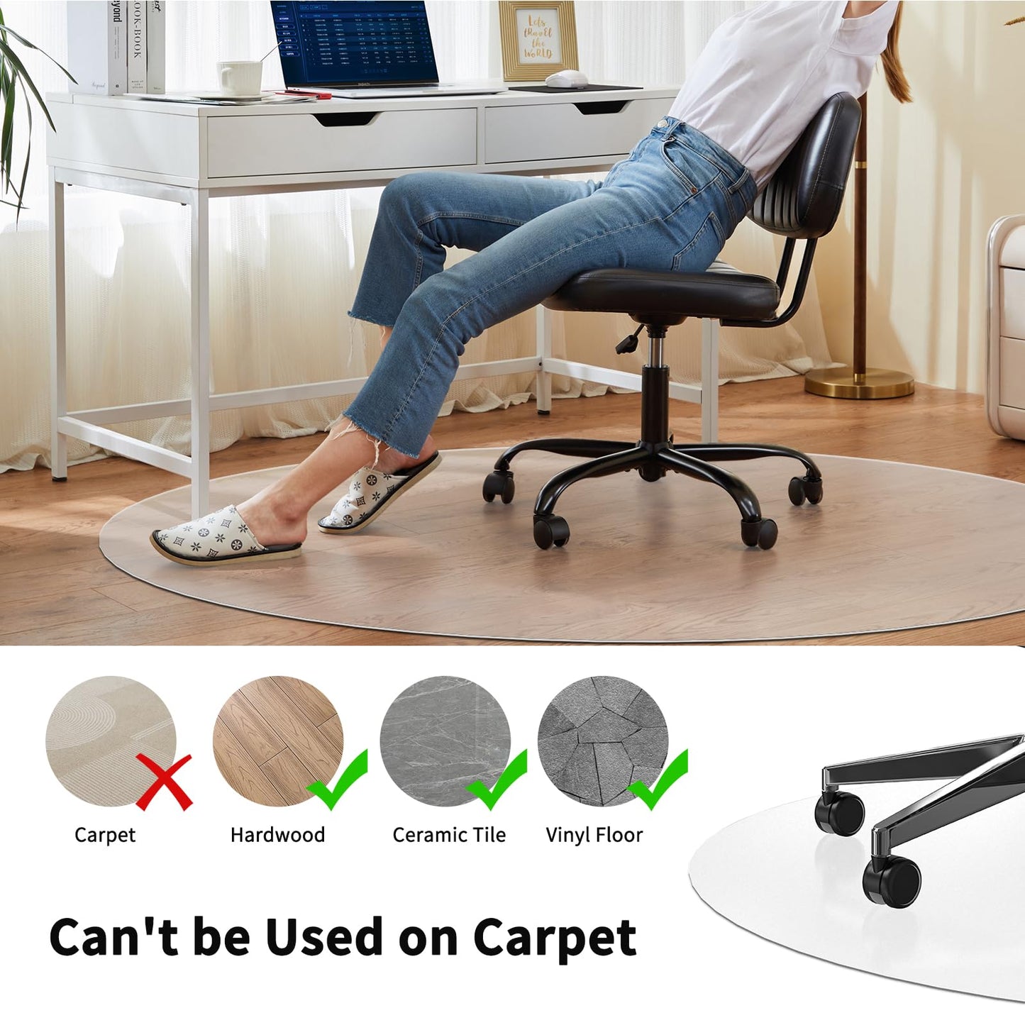 WASJOYE Office Chair Mat for Carpet, 90x90 cm Round Floor Protectors Mats, PVC Carpet Protector Mat with Non-Slip Studded