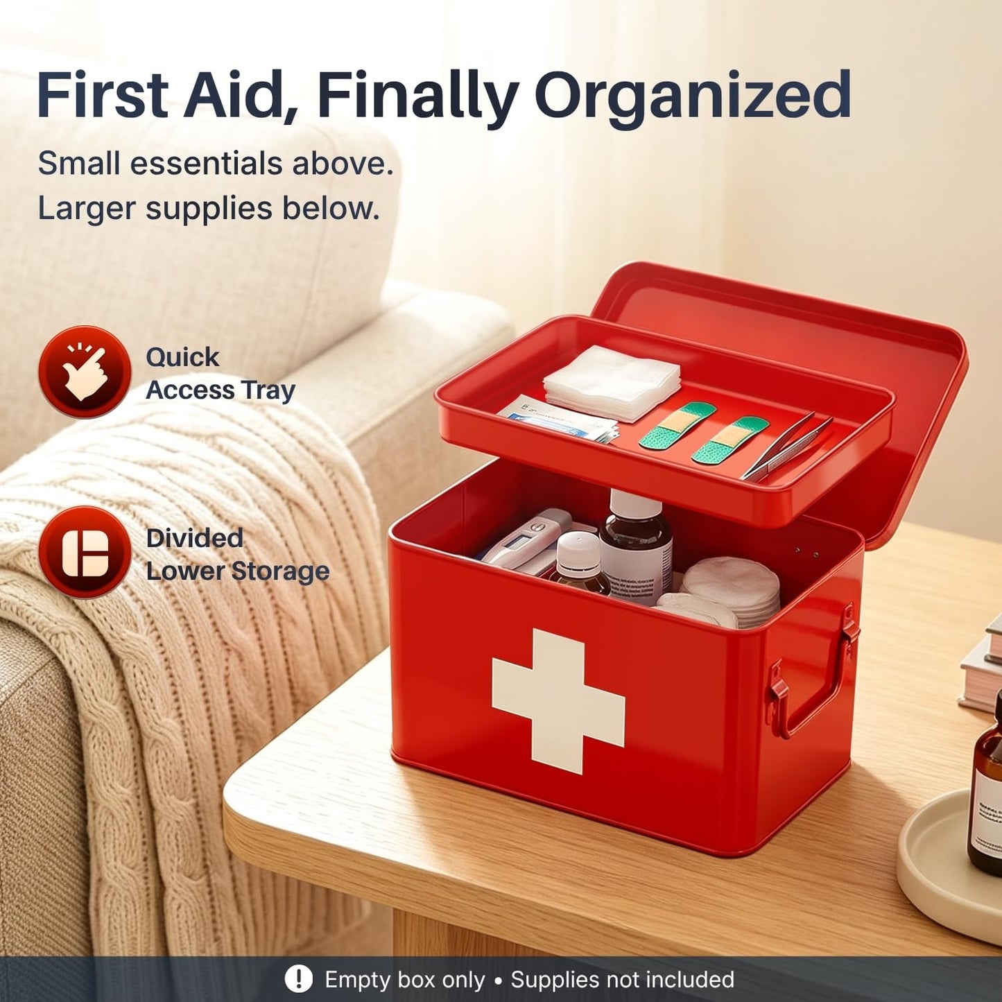 Flexzion Metal First Aid Box Empty, 8.5 Inch Red Vintage First Aid Storage Box, First Aid Tin Container with Dividers, Removable Tray
