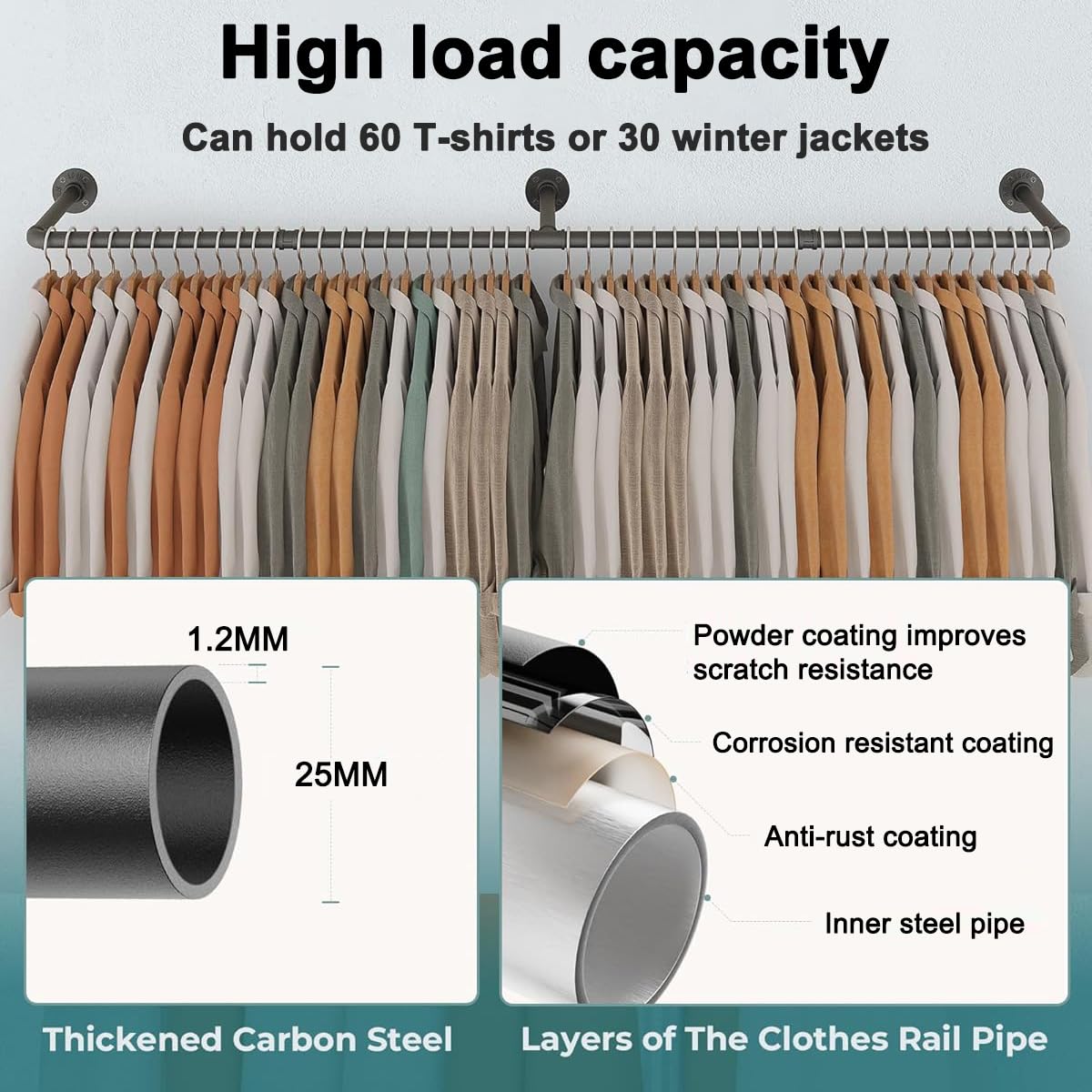 SMILOVII Wall Mounted Clothes Rail, Industrial Pipe Clothes Rails Wall Mounted, 164cm Detachable Metal Clothing Rail for Hanging Clothes For Home