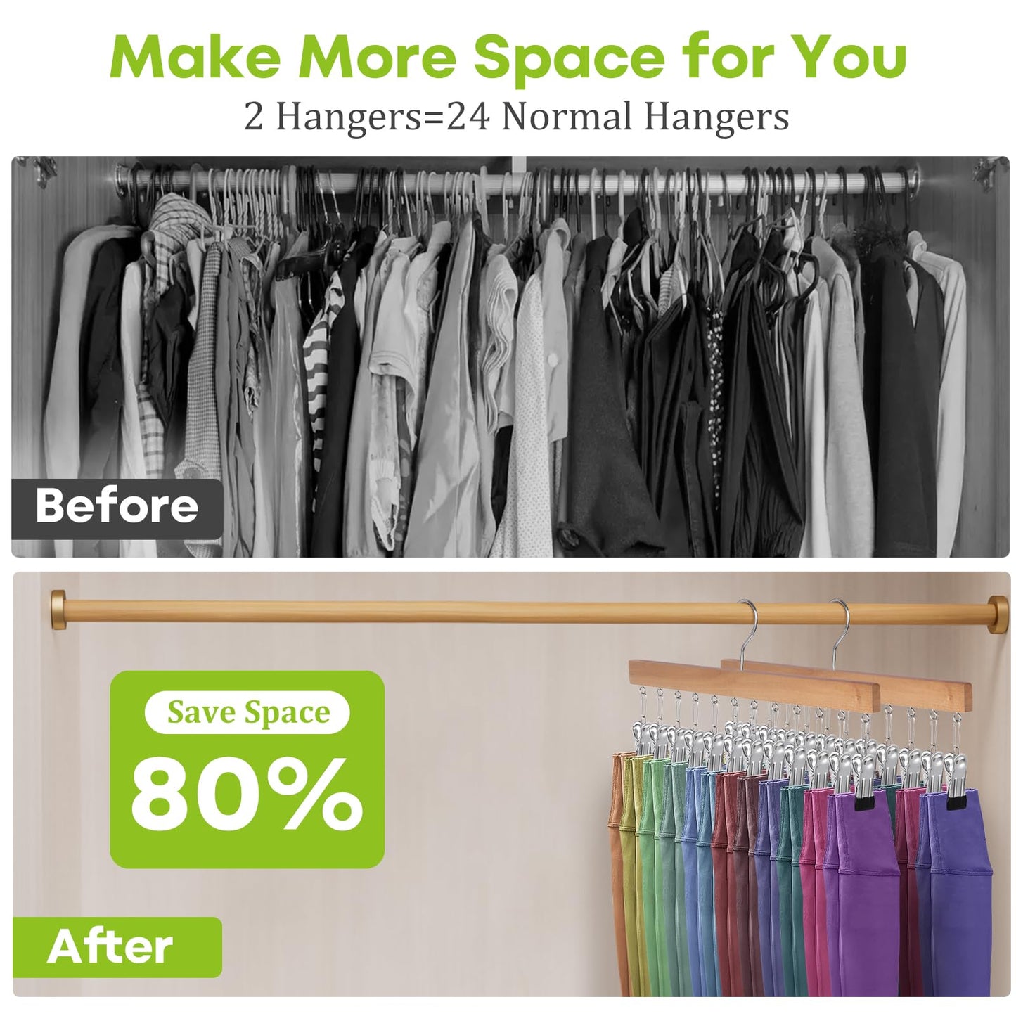Minicoco 2 Pack Trouser Hangers with Clips, Legging Organizer for Closet Non slip Metal Holds 24 Leggings Holders Pants Hangers,Space Saving